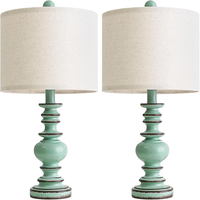 BOBOMOMO 20" Distressed Teal Bedside Lamps Set of 2, Hand-Painted Vintage Resin - Image 5