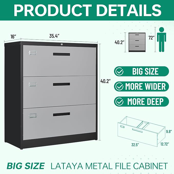 Letaya File Cabinet with Lock-Lateral 3 Drawer Metal Filing - Image 3