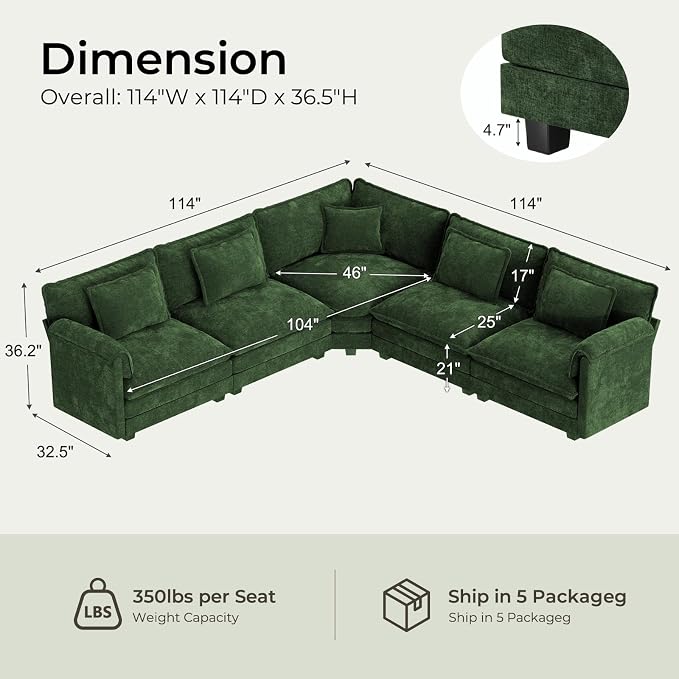 ELUCHANG 114" Oversized V-Shaped Cloud Couch Modular Sectional Sofa - Image 2