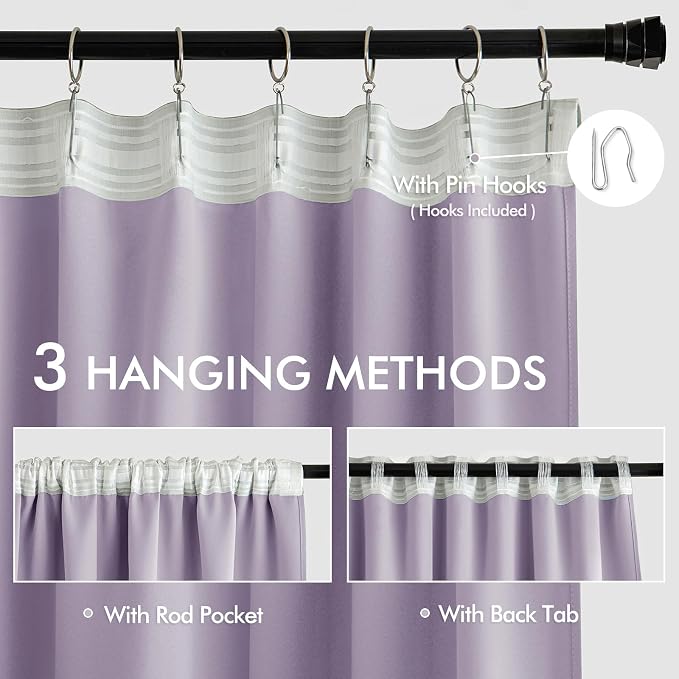 MIULEE Lilac Back Tab Blackout Curtains 52x90 Inch Long 2 Panels Set | Rod - Image 3