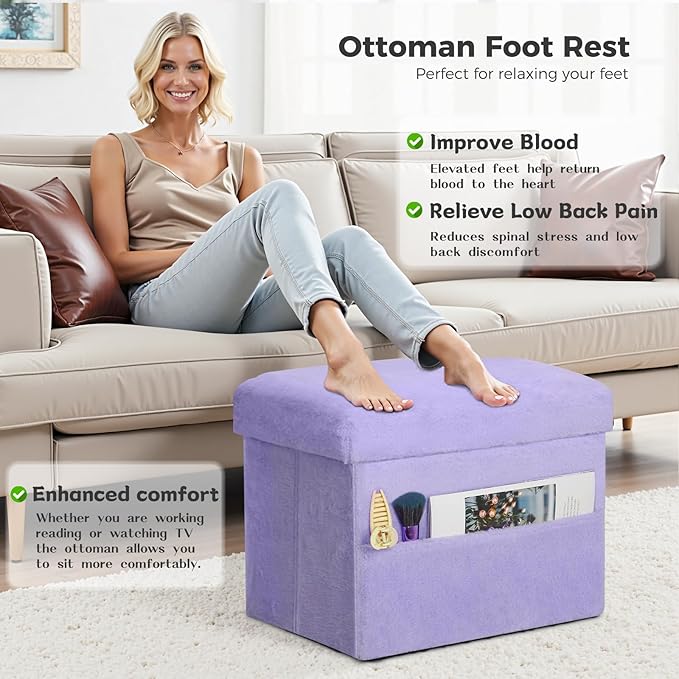 Small Ottoman with Storage, Folding Soft Fur Storage Foot Rest Stool with - Image 2