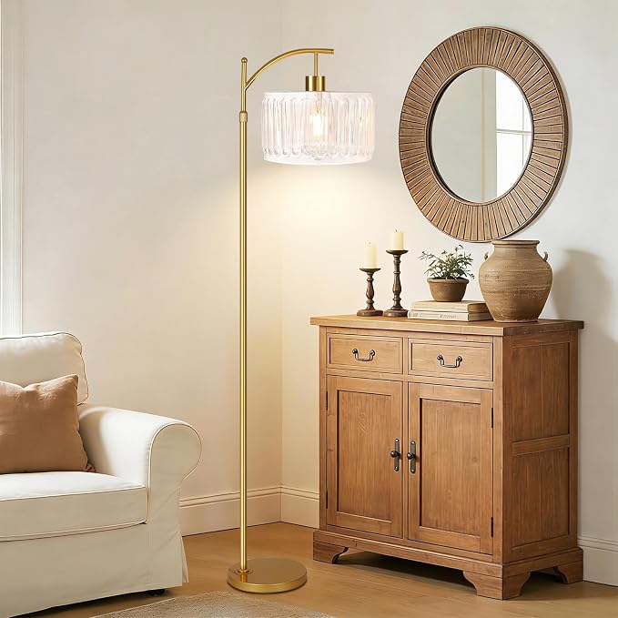 QIYIZM Glass Floor Lamp for Living Room, Brass White Tall Lamp Boho Mid Century - Image 3