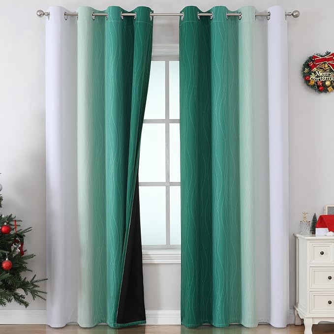 Green and Greyish White Blackout Curtains 52x108 2 Panels | Ombre Curtains - Image 2