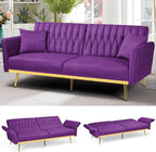 70” Velvet Futon Sofa Bed with 2 Pillows and Adjustable Armrests, Convertible by ACMEASE