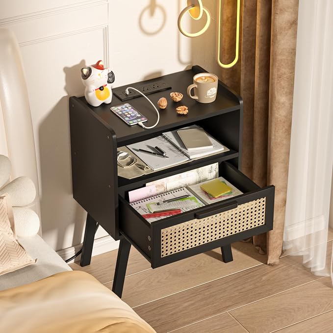 Lerliuo Rattan Nightstand with Charging Station, Cane Accent Side End Table - Image 2
