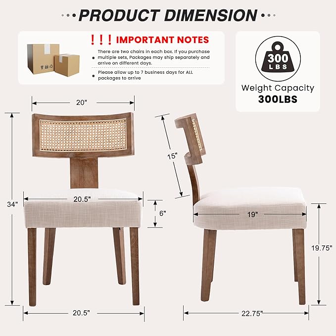 HNY Mid Century Modern Rattan Dining Chairs Set of 6, Farmhouse Linen - Image 2