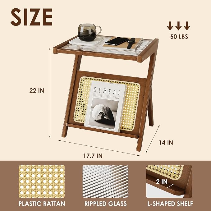 Bamworld Rattan Side Table Boho NightStand Mid Century Modern End Table Glass - Image 2