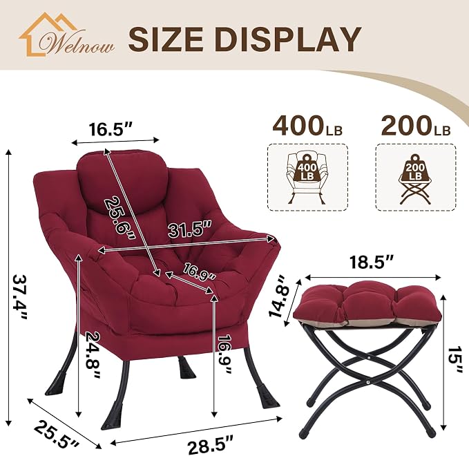Welnow Lazy Chair with Ottoman, Modern Accent Chair with Armrests and a Side - Image 3