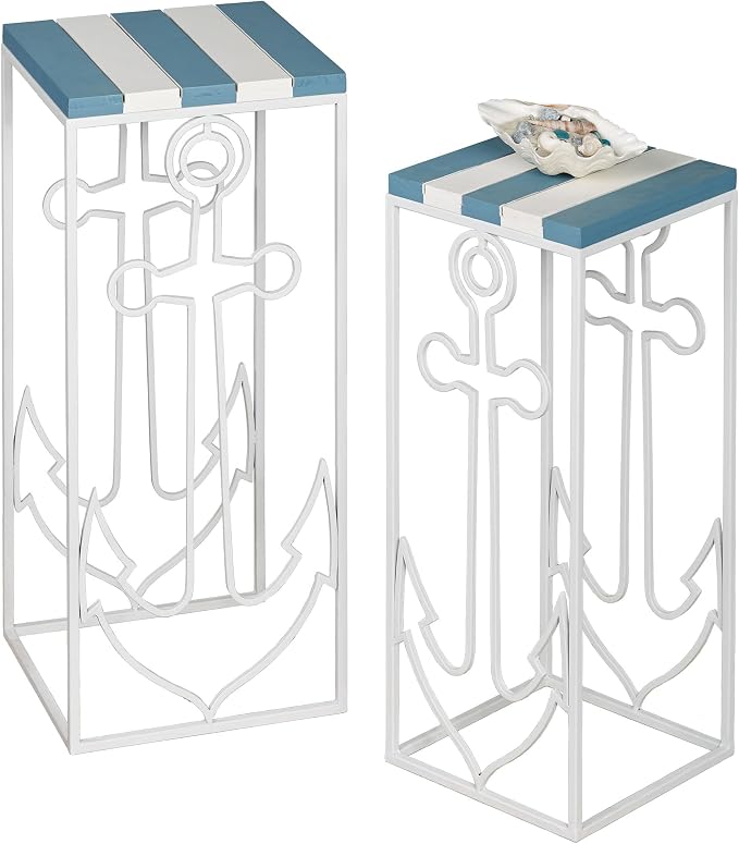 Nautical Anchor Slat Wood and Metal Nesting Table Set of 2, 27 and 30 Inches by TouchofClass