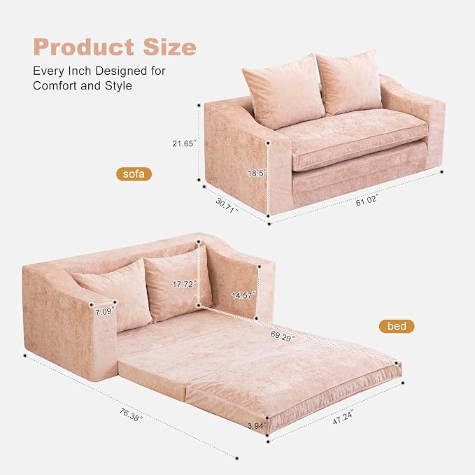61" Convertible Sofa Bed Loveseat, Memory Foam Boneless Floor Couch - Image 3