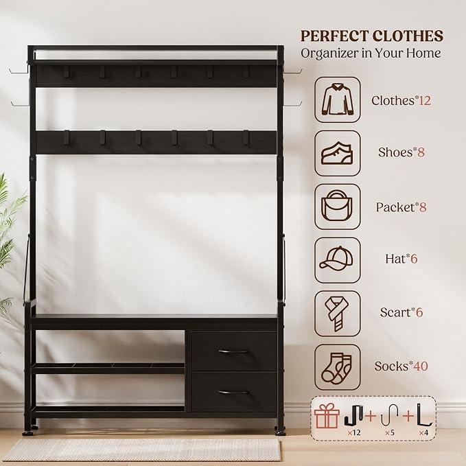 Lulive Hall Tree with Bench and Shoe Storage, 39.4” Entryway Bench with Coat - Image 3