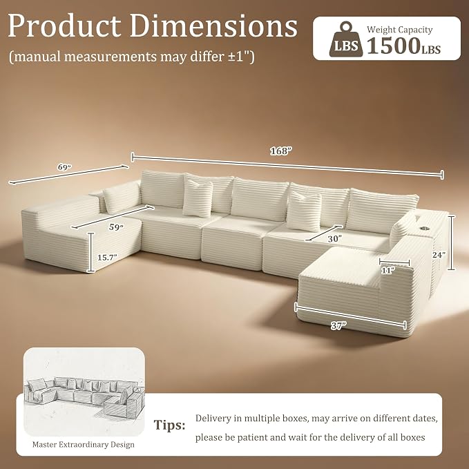 168" Cloud Sectional Couch, Comfort U Shaped Sofa - Image 2