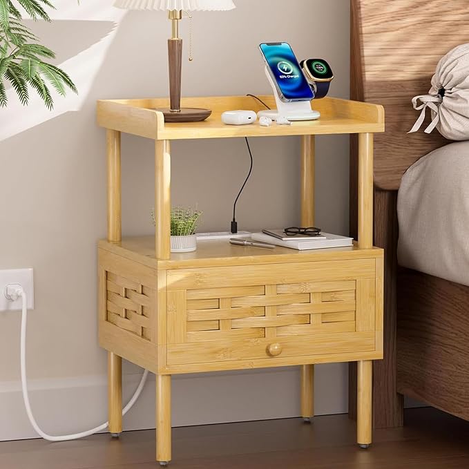 Amazer Nightstand with Charging Station, Bedside Table Bamboo with USB Ports & - Image 9