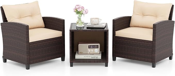 HAPPYGRILL 3 Pieces Patio Conversation Set, Outdoor Rattan Wicker Chairs & by HAPPYGRILL