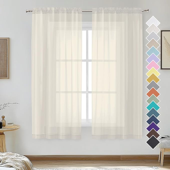 Cream Sheer Curtains 54 Inches Long 2 Panels by OVZME