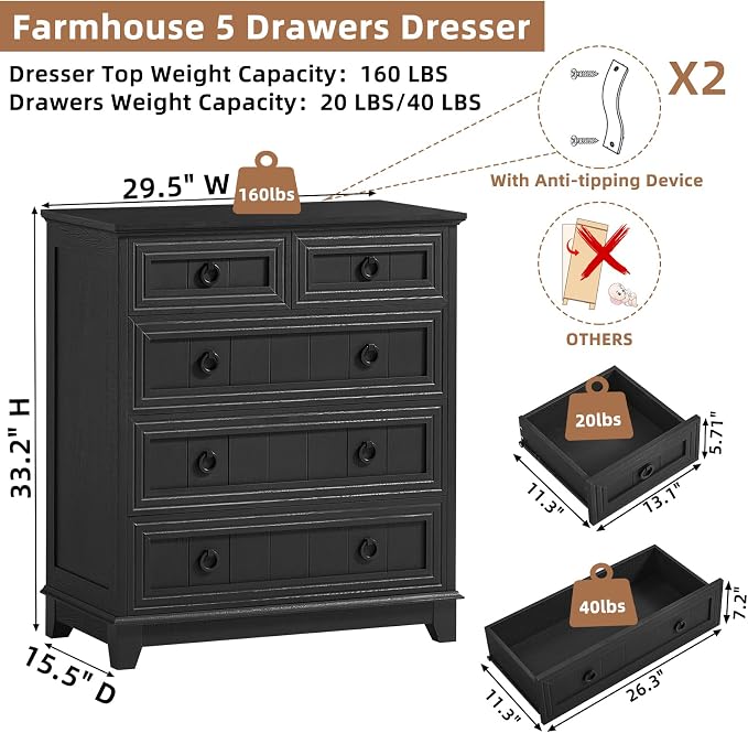 Joaxswe Farmhouse 5 Drawer Dresser - Image 2