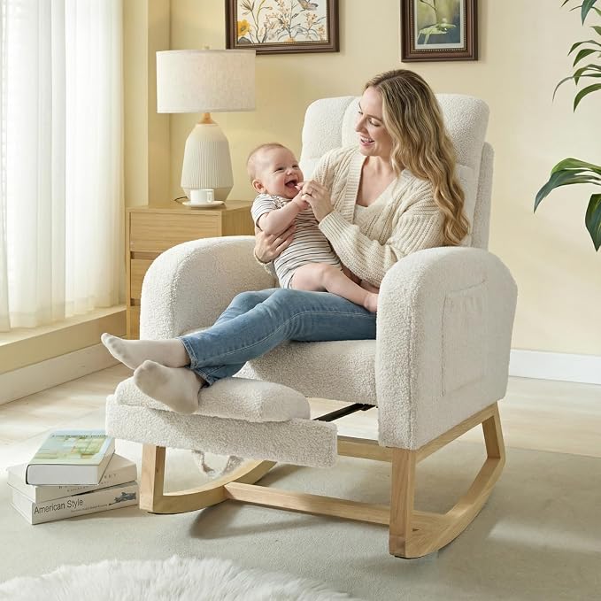 NIOIIKIT Modern Nursery Rocking Chair, Teddy Upholstered Rocking Chair - Image 3