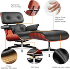 Top Black Grain Leather, Mid Century Chaise Lounge Chair and Ottoman, Modern - Image 5