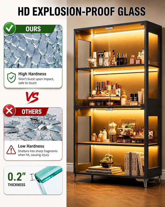Glass Display Cabinet with Doors, 4-Tier Display Case with Adjustable Shelves - Image 5