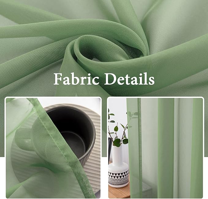 MIULEE Sage Sheer Curtains for Living Room 54 X 72 Inches, 2 Panels | Solid - Image 3