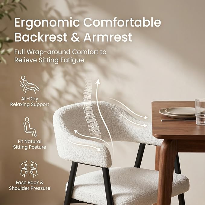 HNY Modern Dining Room Arm Chairs Set of 2, Mid-Century White Faux Sherpa - Image 4