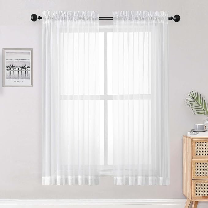 White Sheer Curtains 68 Inch Length 2 Panels Set by OWENIE