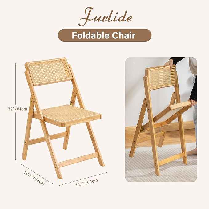 Furlide Rattan Folding Chair, Modern Mid Century Dining Chair Set of 1 - Image 2