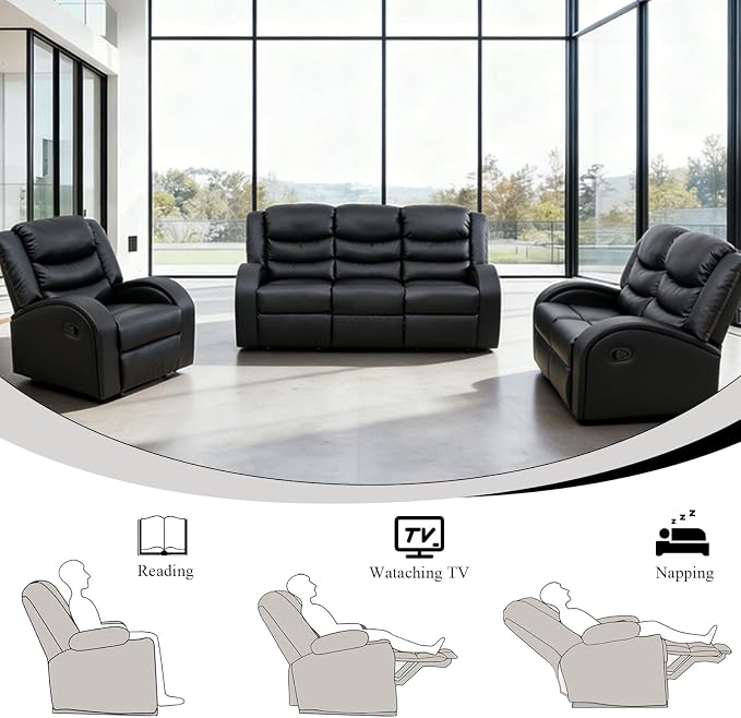 3-Piece Couch Living Room Furniture Sets, Sectional Recliner Sofa Set, Leather - Image 3