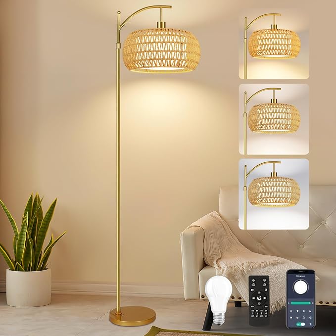 ZECOXOL Gold Floor Lamps for Living Room Rattan Boho Floor Lamp by ZECOXOL
