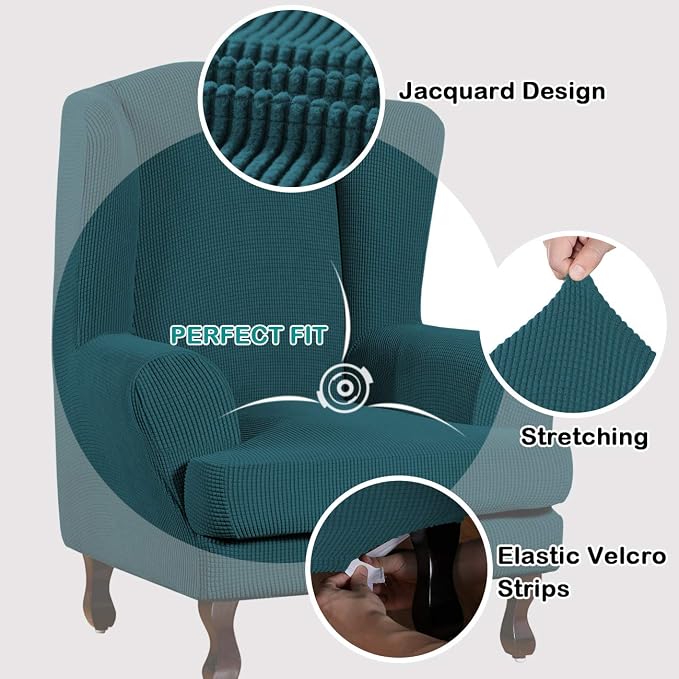 Turquoize Wingback Chair Covers 2 Piece Wing Chair Slipcover Stretch Slipcovers - Image 3