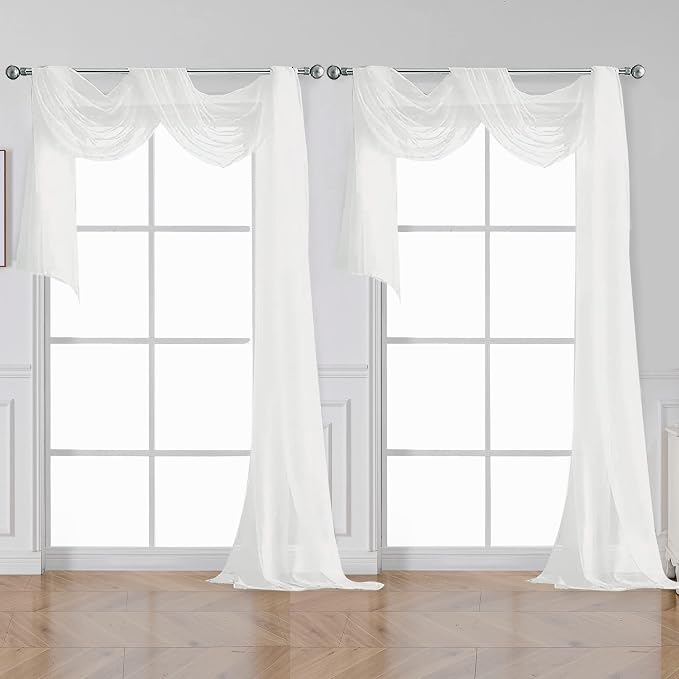White Sheer Window Curtains 144 inch Extra Long 2PCS, Airy Scarf Drapes by OVZME