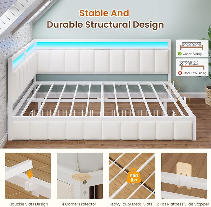 DICTAC Corner Bed Frame with 2 Storage Drawers and Charging Station Full Size - Image 8