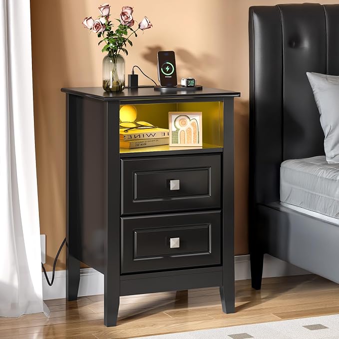 Bonnlo Led Nightstand with Charging Station, Night Stand Black Bedside Table by Bonnlo