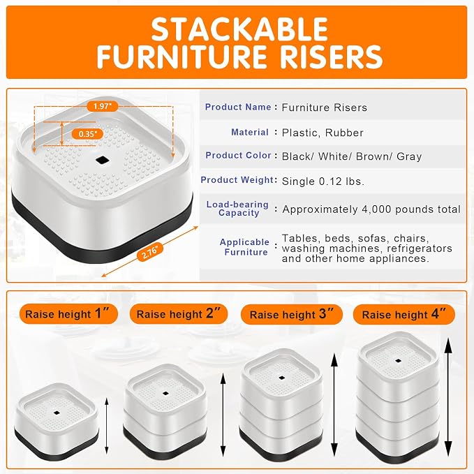 Furniture Risers Adjustable Bed Risers Heavy Duty Lifts Height 2", Square - Image 2