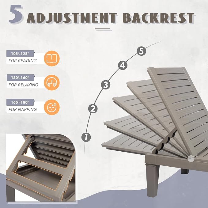 Outdoor Chaise Lounge Chairs Set of 4, 5-Position Adjustable Heavy Duty Tanning - Image 4