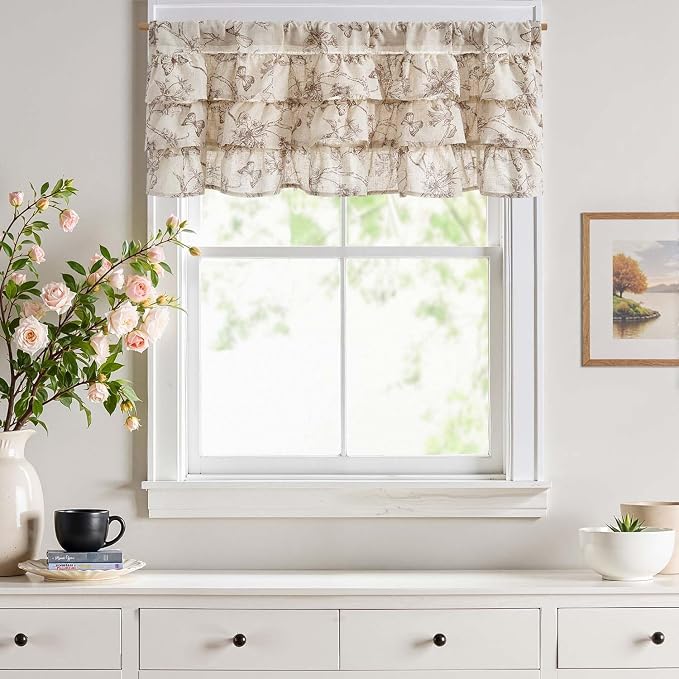 jinchan Ruffled Valance Curtain Linen Floral Kitchen Valance 18 Inch Shabby - Image 3
