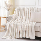 Cream White Throw Blanket for Couch Sofa 50x60 inches Striped Design | Fleece - Image 6
