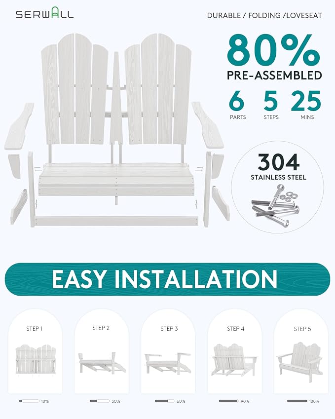 SERWALL Folding Adirondack Bench Set of 2, HDPE All-Weather Adirondack Loveseat - Image 4