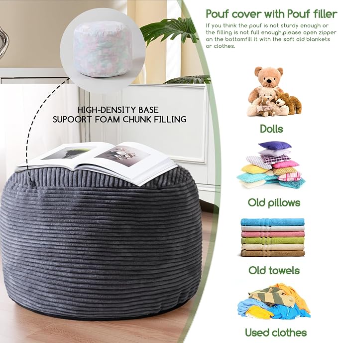 HIGOGOGO Round Stuffed Pouf Ottoman, Corduroy Poufs - Image 5