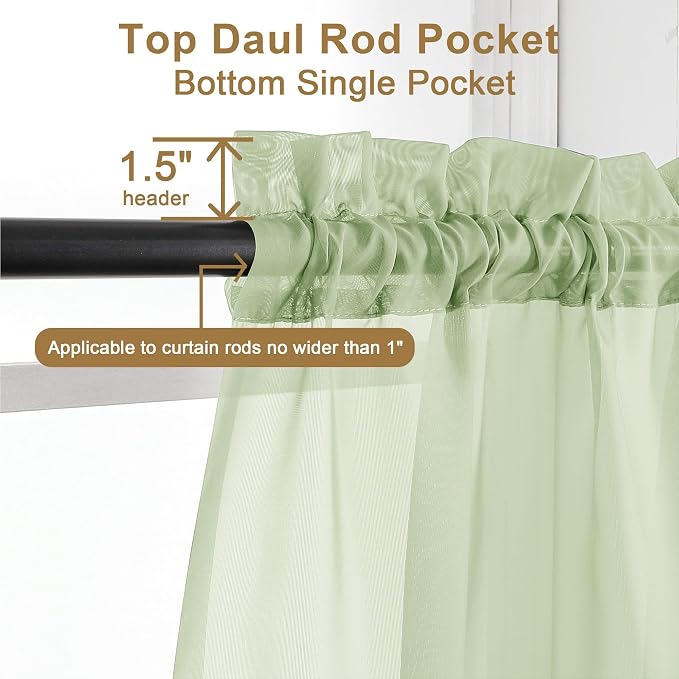 Chyhomenyc Sheer Curtains 63 Inch Length 2 Panels, Light Green | Light Filtering - Image 6