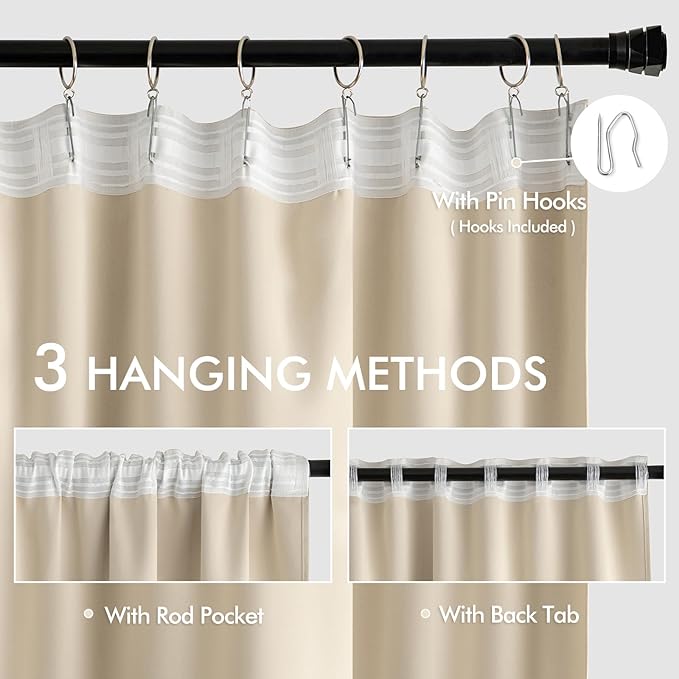 MIULEE Cream Beige Back Tab Blackout Curtains 52x132 Inch Length 2 Panels | Rod - Image 3