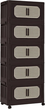 Folding Storage Cabinet with Wheels, 5-Tier Narrow Retro Brown Storage Tower - Image 5