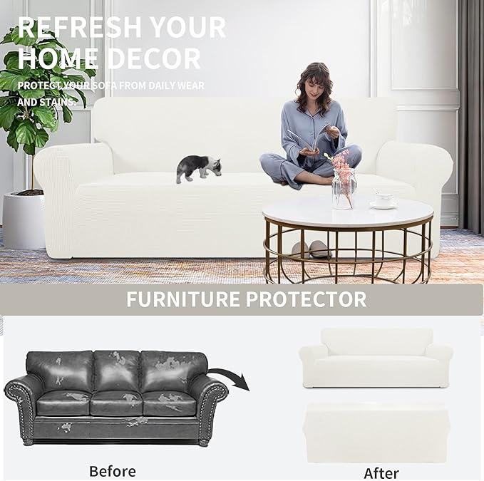 Easy-Going Stretch Oversized Loveseat Couch Covers Washable Cream | 1-Piece - Image 4