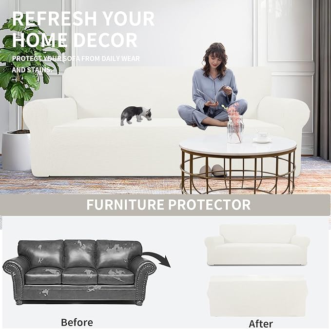 Easy-Going Stretch Loveseat Couch Covers Washable Cream | 1-Piece Loveseat - Image 3