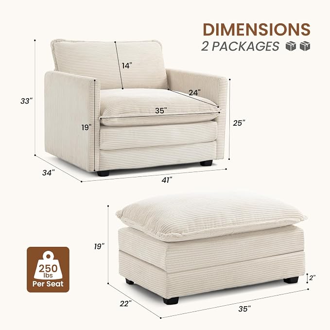 ROWHY Single Armchair with Ottoman, Modern Corduroy Cloud Couch with - Image 2