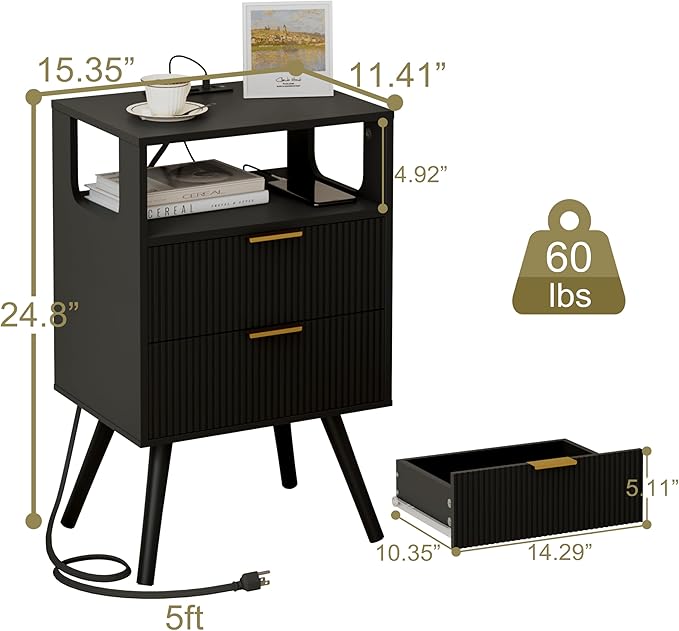 JOONEE Black Nightstand with Charging Station and LED Lights, Modern Bedside - Image 2