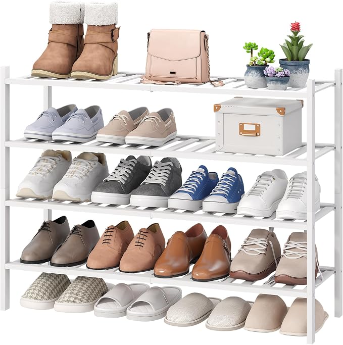 viewcare White 4-Tier Long Shoe Rack, Bamboo Wood by VIEWCARE