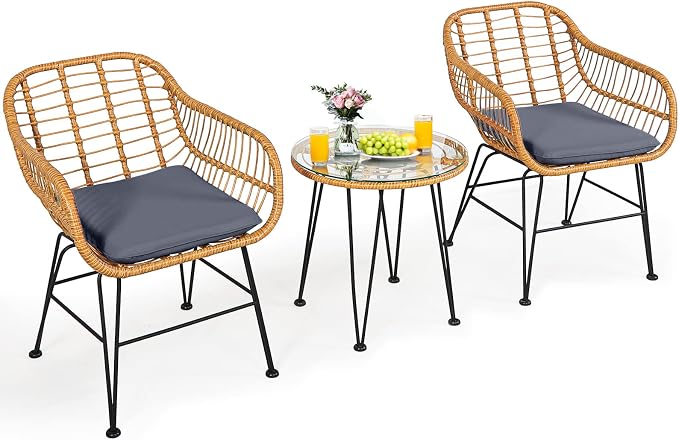 Tangkula 3 Pieces Patio Bistro Set, Rattan Conversation Set by TANGKULA