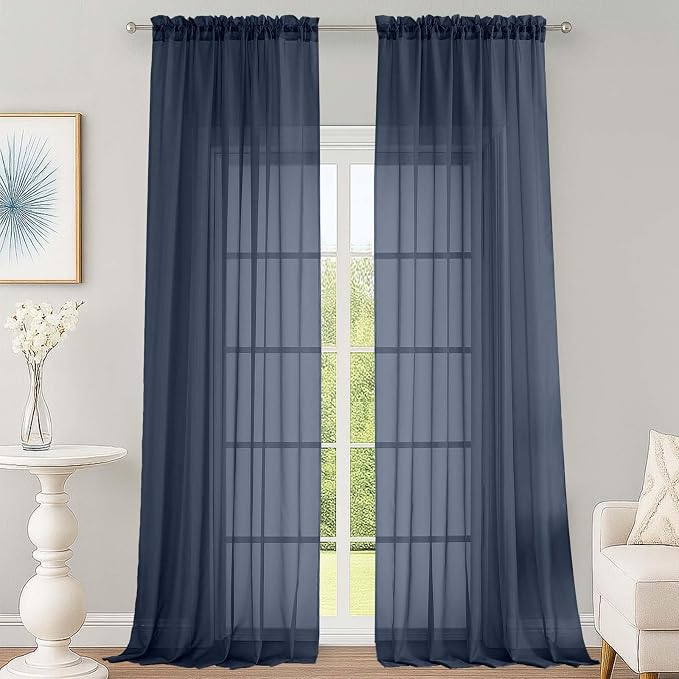 Navy Blue Sheer Curtains 120 Inches Long 2 Panels Set, Airy Lightweight Sheer by OWENIE
