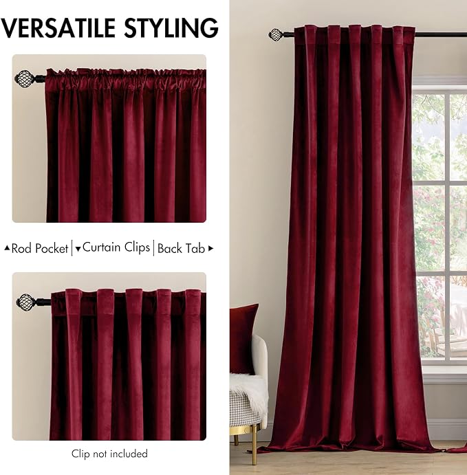 MIULEE Velvet Curtains 52x84 inches 2 Panels Burgundy Red Blackout Curtains | - Image 2